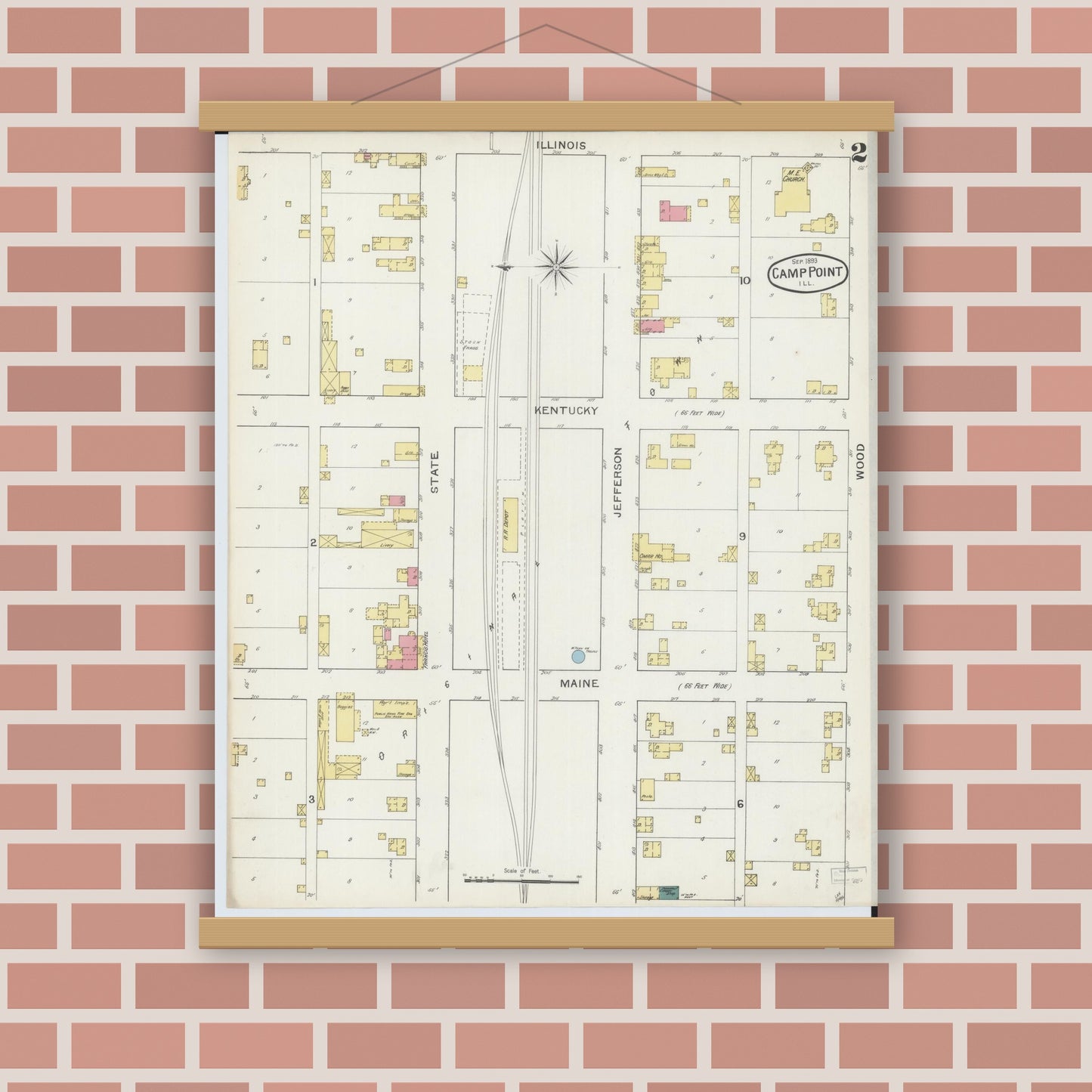 Old map wall art mockup — magnetic wood frame on brick wall — Sanborn Fire Insurance Map from Camp Point, Adams County, Illinois (1893), Sheet #0002