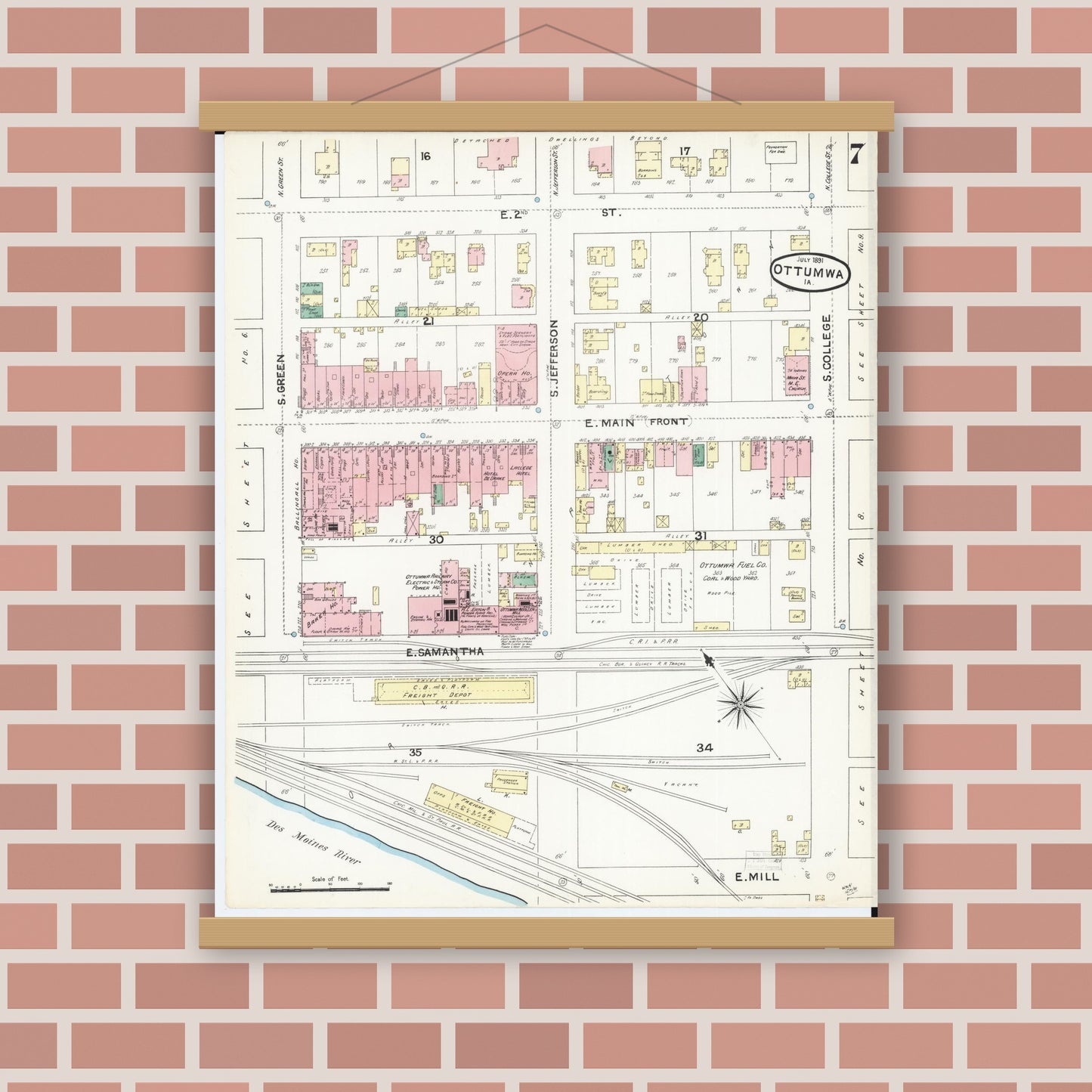 Old map wall art mockup — magnetic wood frame on brick wall — Sanborn Fire Insurance Map from Ottumwa, Wapello County, Iowa (1891), Sheet #0007