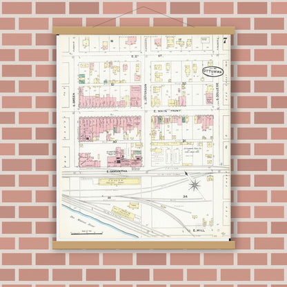 Old map wall art mockup — magnetic wood frame on brick wall — Sanborn Fire Insurance Map from Ottumwa, Wapello County, Iowa (1891), Sheet #0007