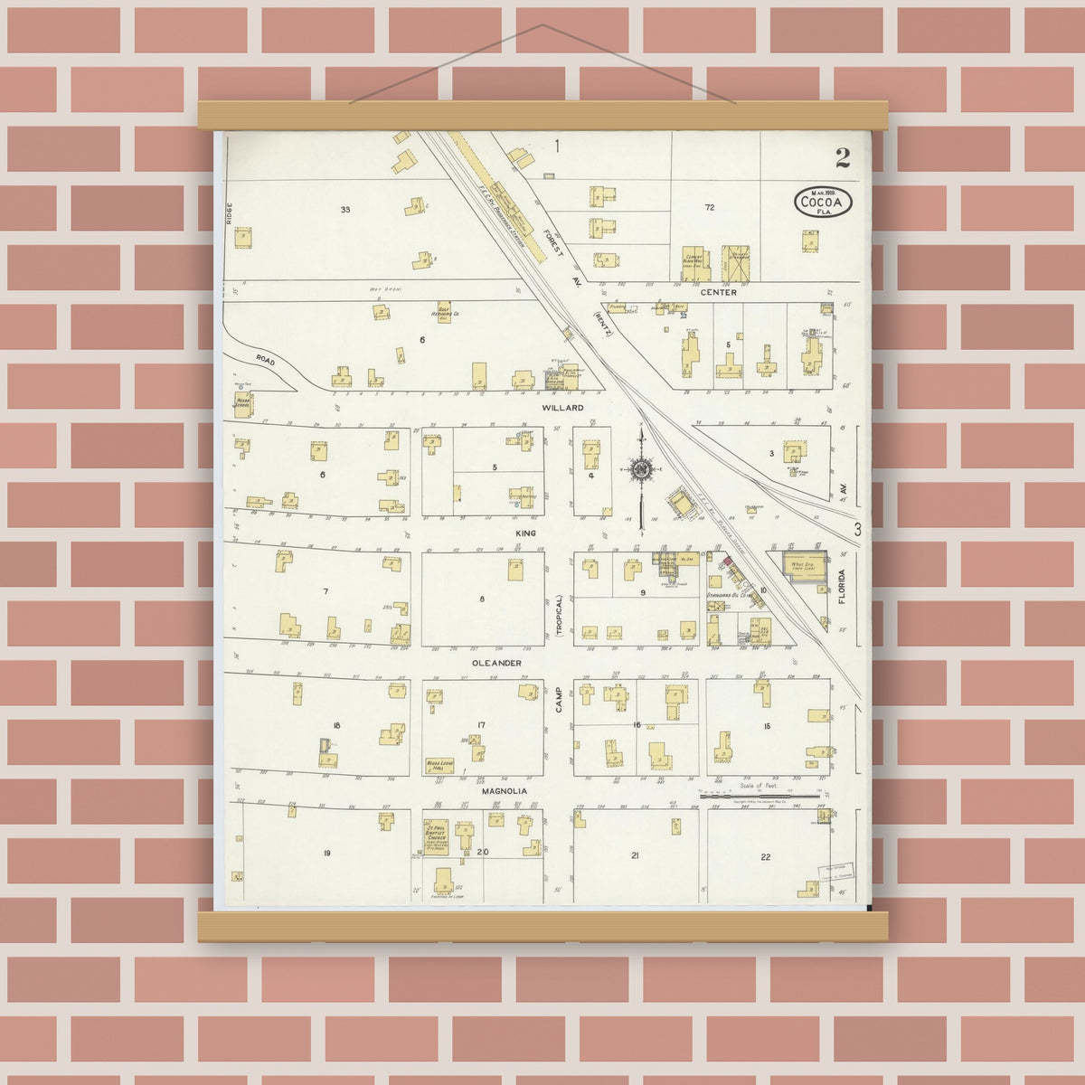 Old map wall art mockup — magnetic wood frame on brick wall — Sanborn Fire Insurance Map from Cocoa, Brevard County, Florida (1919), Sheet #0002