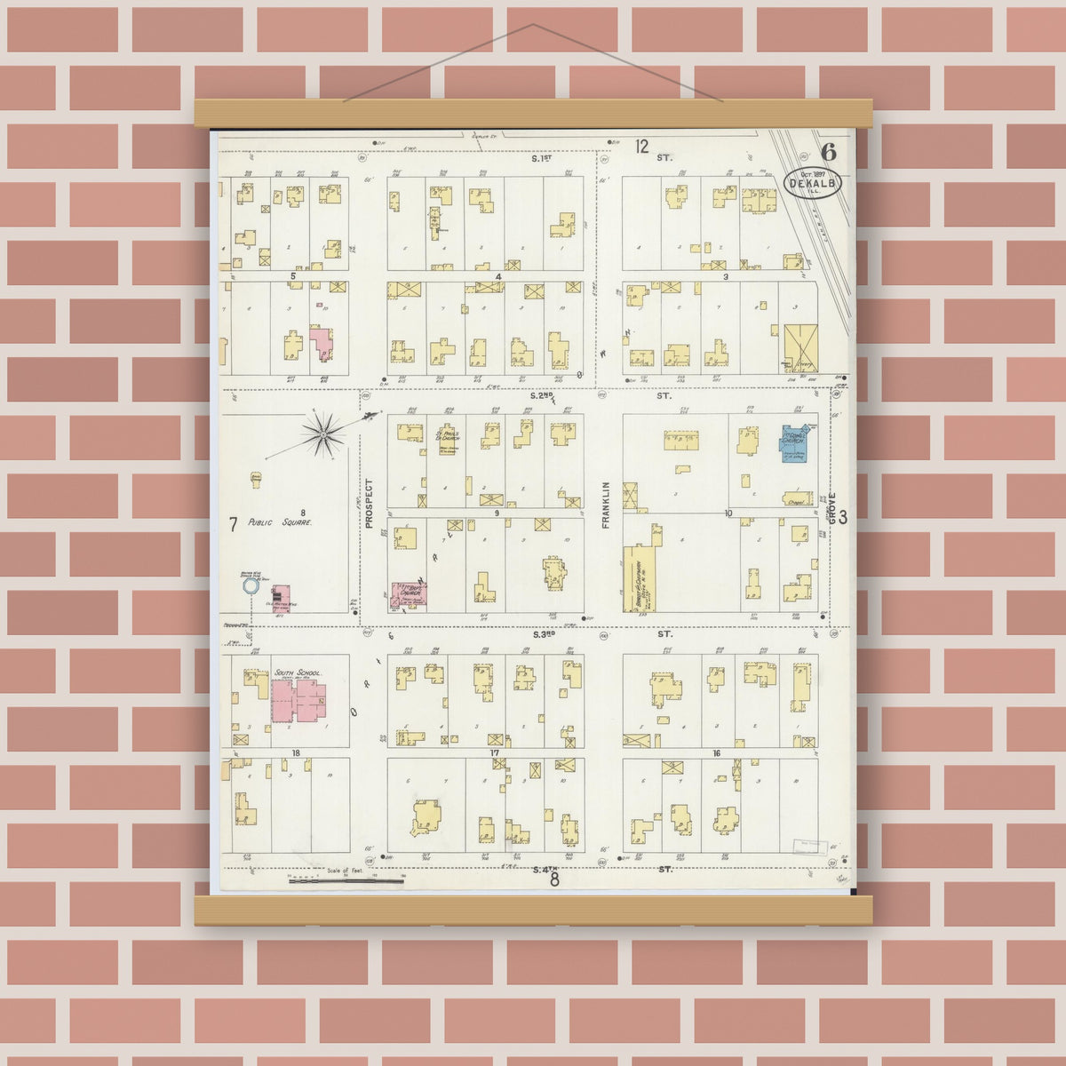 Old map wall art mockup — magnetic wood frame on brick wall — Sanborn Fire Insurance Map from De Kalb, De Kalb County, Illinois (1897), Sheet #0006