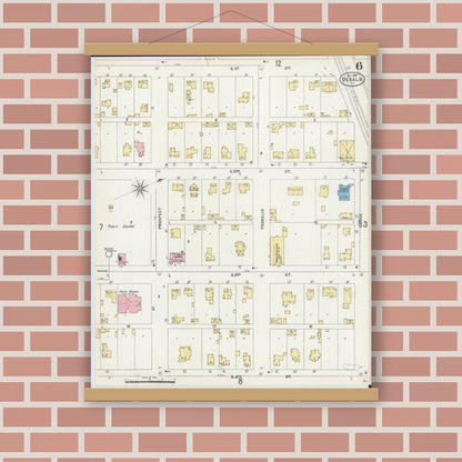 Old map wall art mockup — magnetic wood frame on brick wall — Sanborn Fire Insurance Map from De Kalb, De Kalb County, Illinois (1897), Sheet #0006