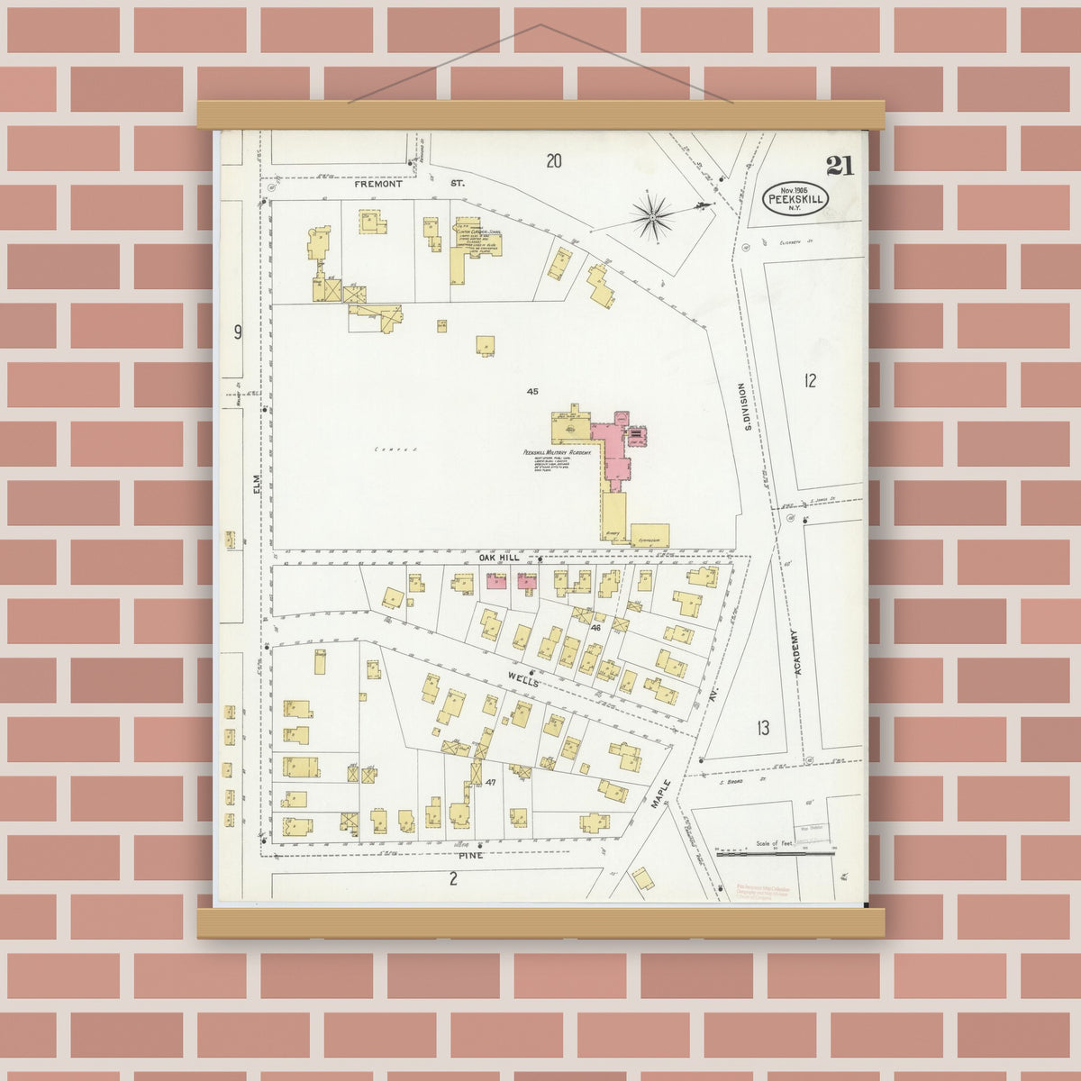Old map wall art mockup — magnetic wood frame on brick wall — Sanborn Fire Insurance Map from Peekskill, Westchester County, New York (1905), Sheet #0021