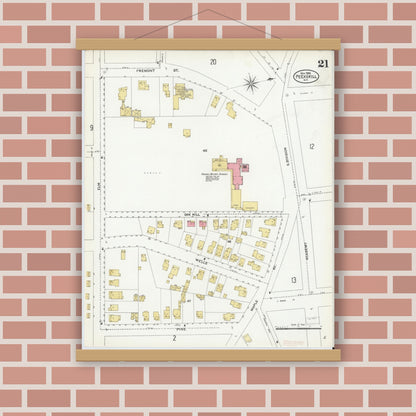 Old map wall art mockup — magnetic wood frame on brick wall — Sanborn Fire Insurance Map from Peekskill, Westchester County, New York (1905), Sheet #0021