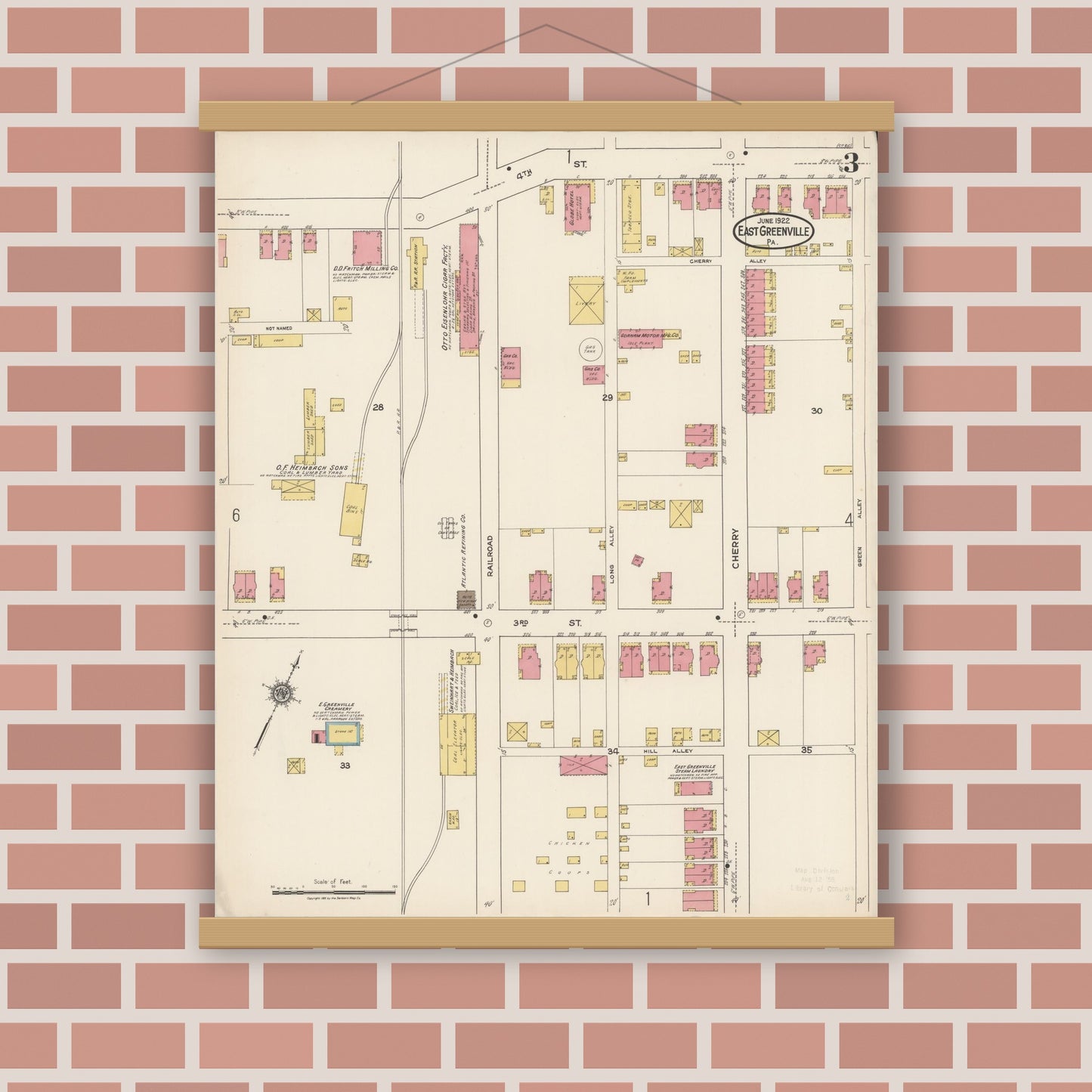 Old map wall art mockup — magnetic wood frame on brick wall — Sanborn Fire Insurance Map from East Greenville, Montgomery County, Pennsylvania (1922), Sheet #0003