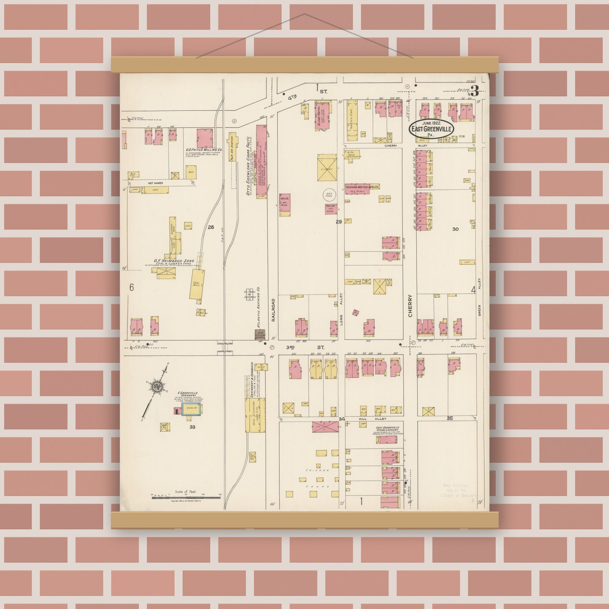 Old map wall art mockup — magnetic wood frame on brick wall — Sanborn Fire Insurance Map from East Greenville, Montgomery County, Pennsylvania (1922), Sheet #0003