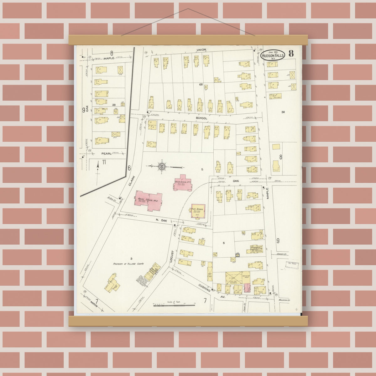 Old map wall art mockup — magnetic wood frame on brick wall — Sanborn Fire Insurance Map from Hudson Falls, Washington County, New York (1913), Sheet #0008