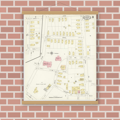 Old map wall art mockup — magnetic wood frame on brick wall — Sanborn Fire Insurance Map from Hudson Falls, Washington County, New York (1913), Sheet #0008