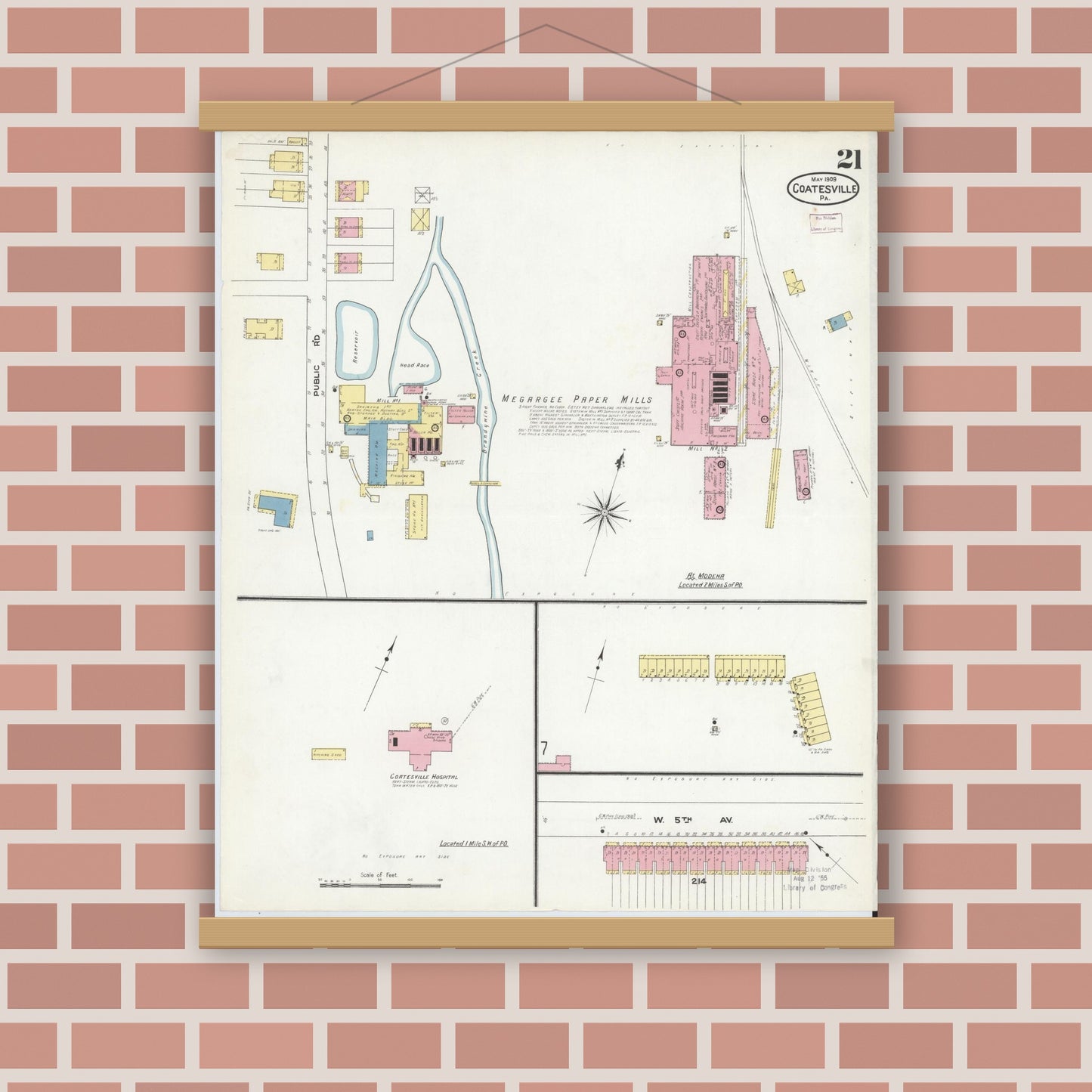 Old map wall art mockup — magnetic wood frame on brick wall — Sanborn Fire Insurance Map from Coatesville, Chester County, Pennsylvania (1909), Sheet #0021