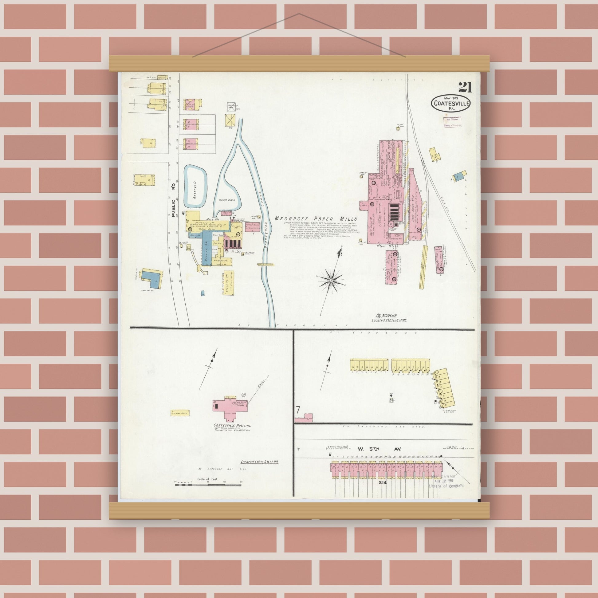 Old map wall art mockup — magnetic wood frame on brick wall — Sanborn Fire Insurance Map from Coatesville, Chester County, Pennsylvania (1909), Sheet #0021