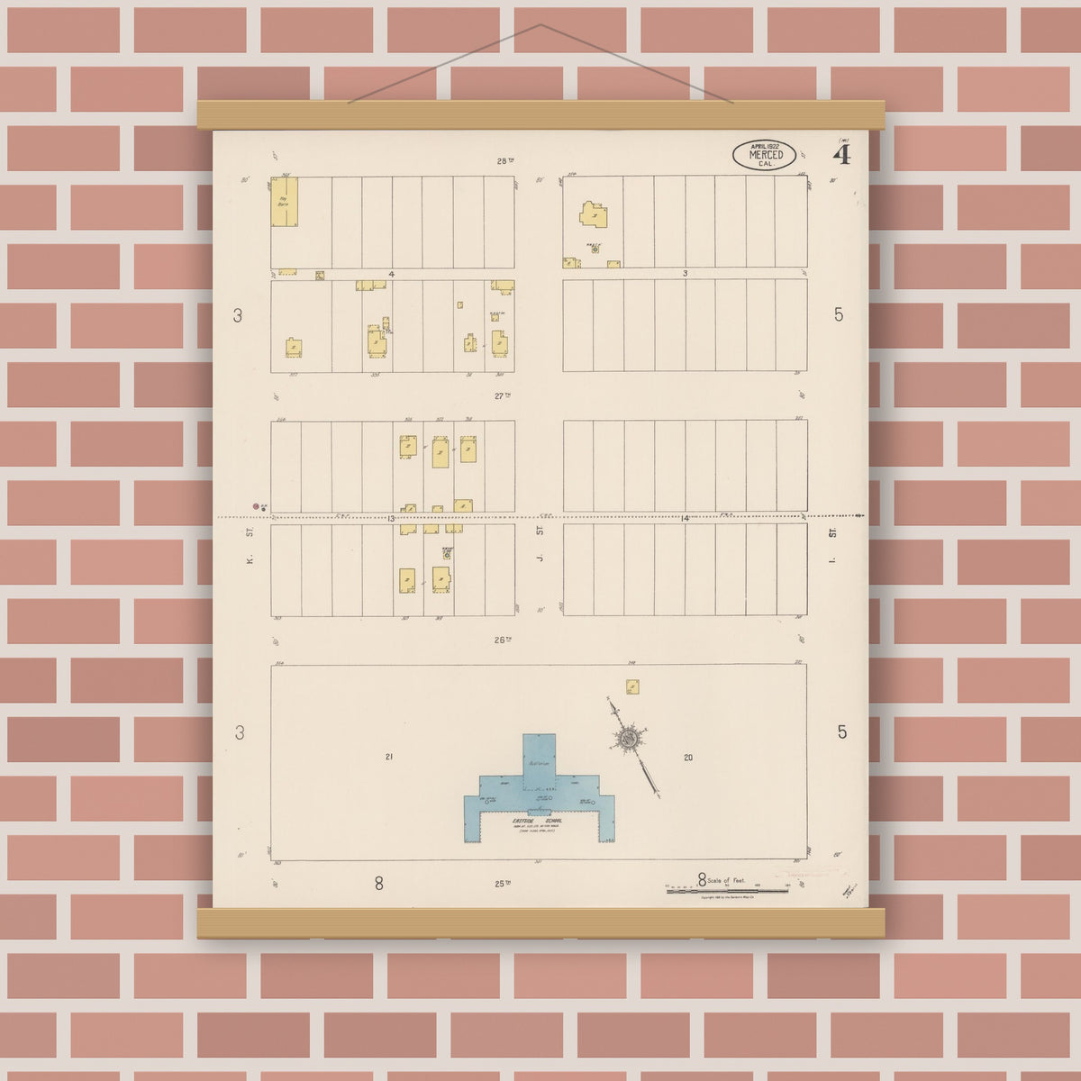 Old map wall art mockup — magnetic wood frame on brick wall — Sanborn Fire Insurance Map from Merced, Merced County, California (1922), Sheet #0004