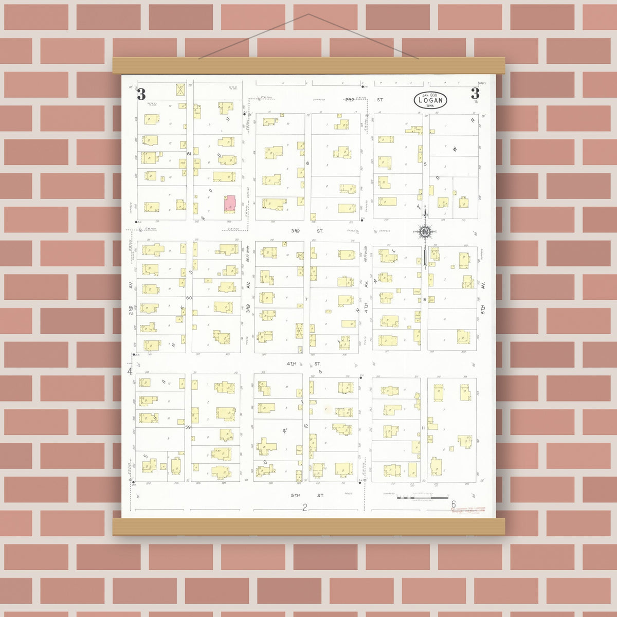 Old map wall art mockup — magnetic wood frame on brick wall — Sanborn Fire Insurance Map from Logan, Harrison County, Iowa (1930), Sheet #0003