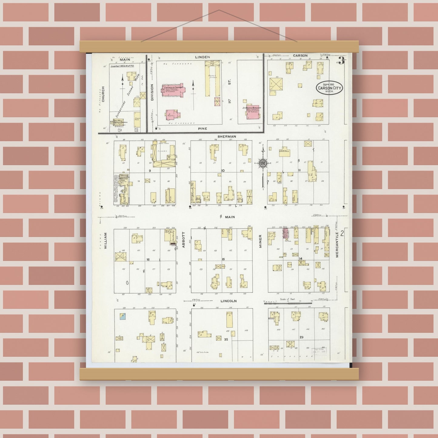 Old map wall art mockup — magnetic wood frame on brick wall — Sanborn Fire Insurance Map from Carson City, Montcalm County, Michigan (1910), Sheet #0003