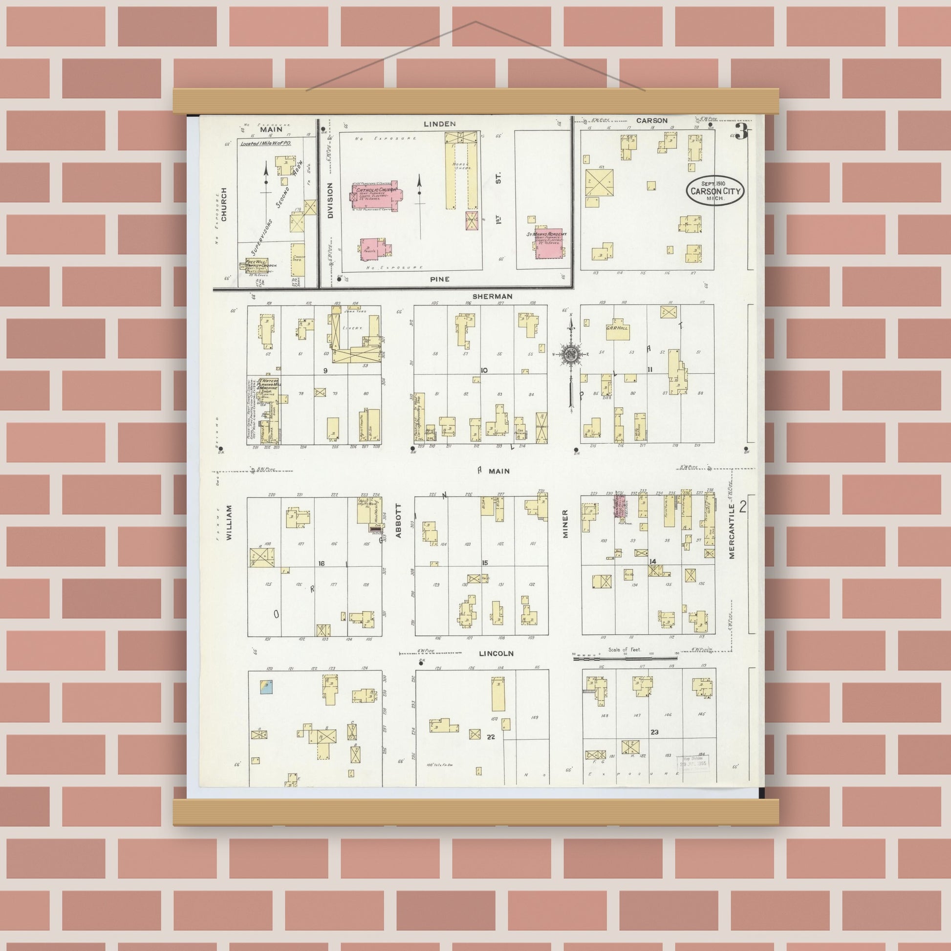 Old map wall art mockup — magnetic wood frame on brick wall — Sanborn Fire Insurance Map from Carson City, Montcalm County, Michigan (1910), Sheet #0003