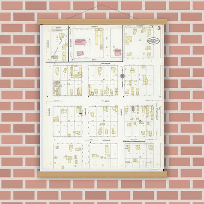 Old map wall art mockup — magnetic wood frame on brick wall — Sanborn Fire Insurance Map from Carson City, Montcalm County, Michigan (1910), Sheet #0003