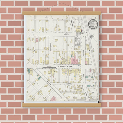 Old map wall art mockup — magnetic wood frame on brick wall — Sanborn Fire Insurance Map from Leipsic, Putnam County, Ohio (1889), Sheet #0001