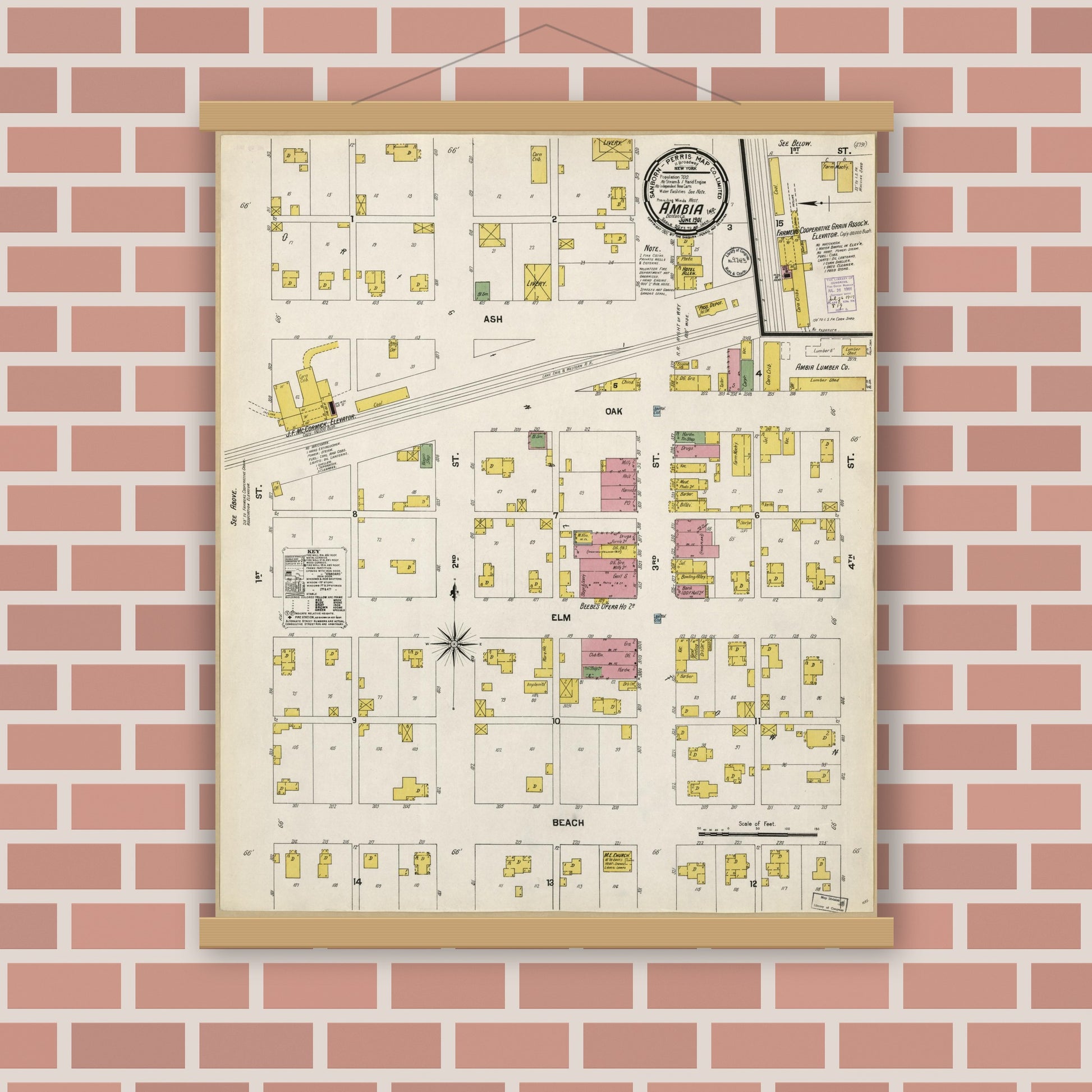 Old map wall art mockup — magnetic wood frame on brick wall — Sanborn Fire Insurance Map from Ambia, Benton County, Indiana (1901), Sheet #0001