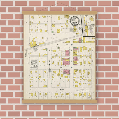 Old map wall art mockup — magnetic wood frame on brick wall — Sanborn Fire Insurance Map from Ambia, Benton County, Indiana (1901), Sheet #0001