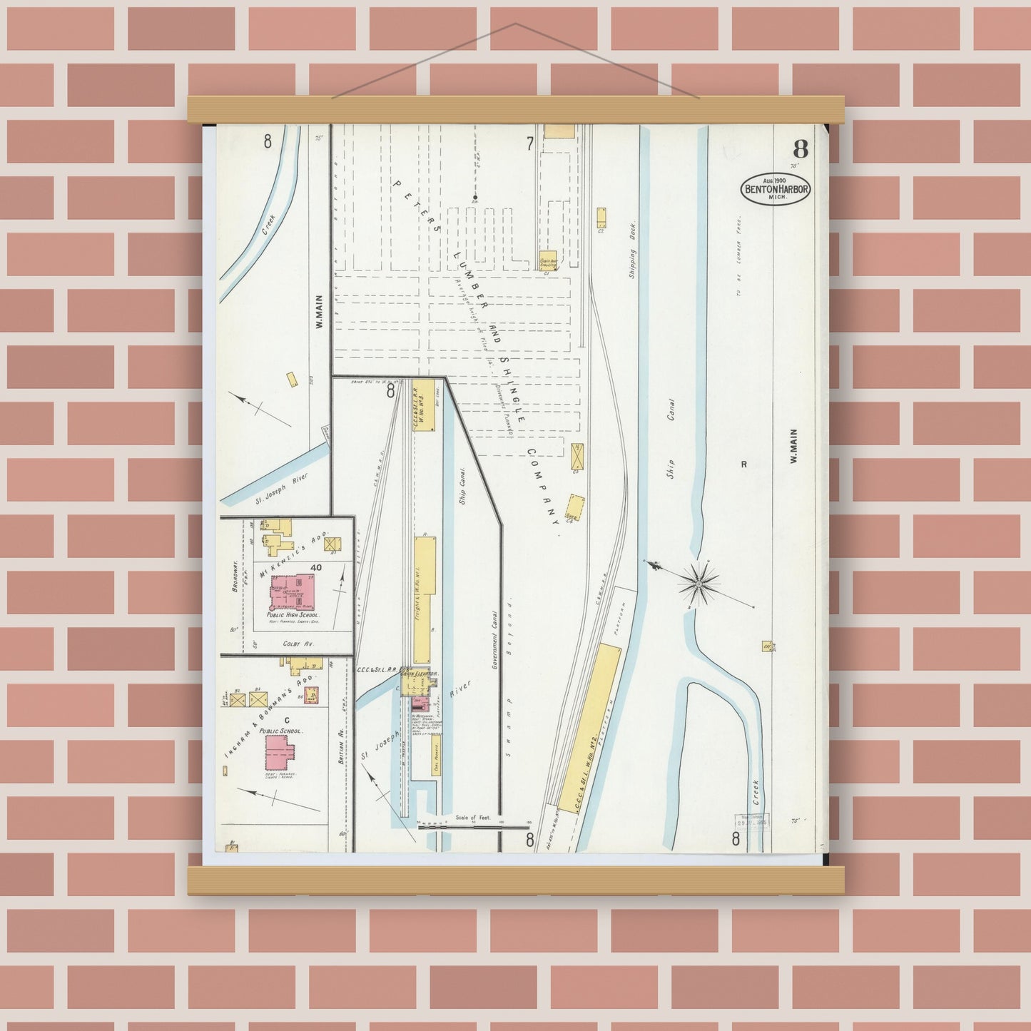 Old map wall art mockup — magnetic wood frame on brick wall — Sanborn Fire Insurance Map from Benton Harbor, Berrien County, Michigan (1900), Sheet #0008