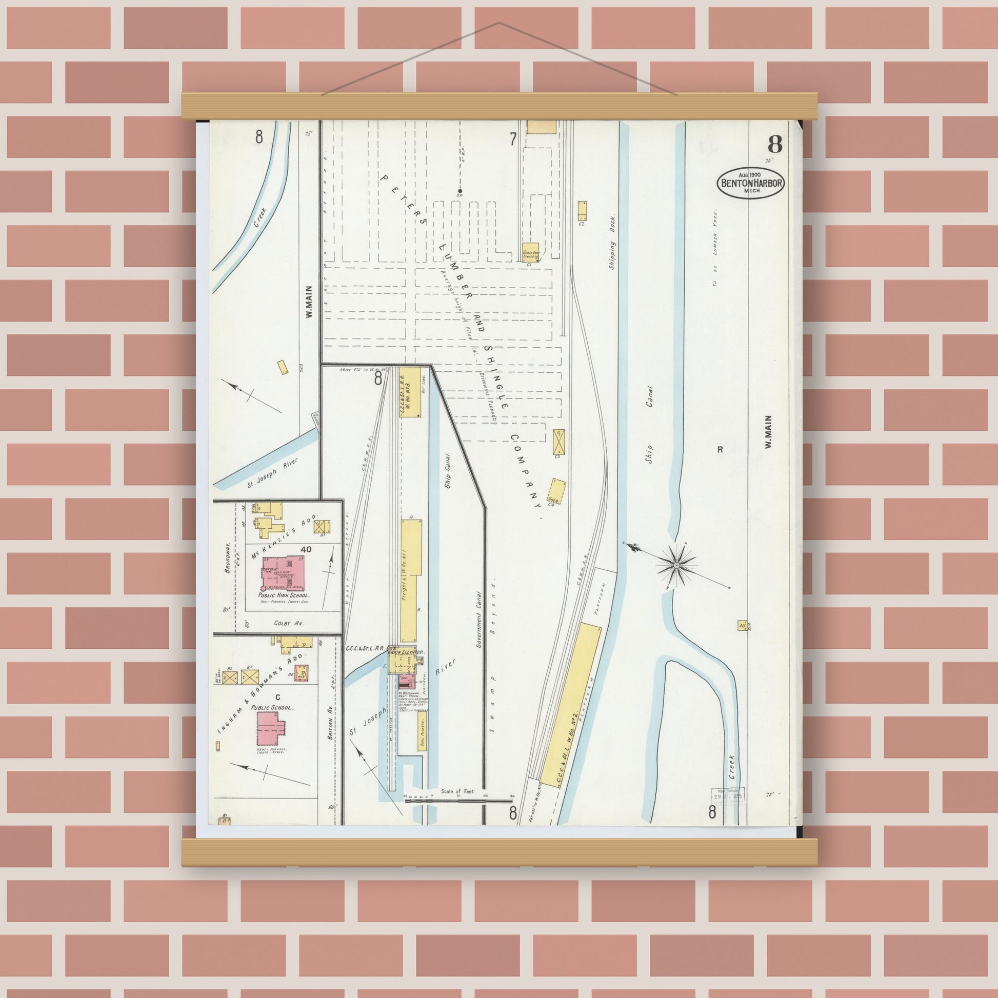 Old map wall art mockup — magnetic wood frame on brick wall — Sanborn Fire Insurance Map from Benton Harbor, Berrien County, Michigan (1900), Sheet #0008