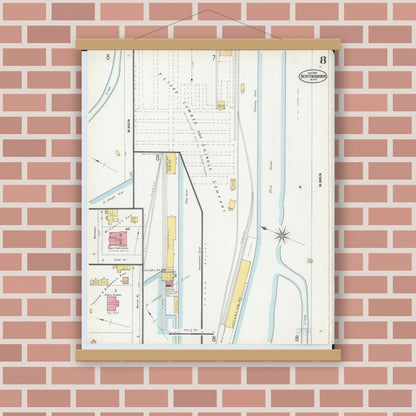 Old map wall art mockup — magnetic wood frame on brick wall — Sanborn Fire Insurance Map from Benton Harbor, Berrien County, Michigan (1900), Sheet #0008