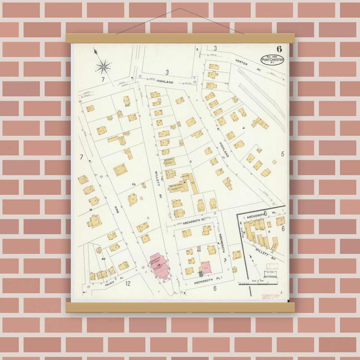 Old map wall art mockup — magnetic wood frame on brick wall — Sanborn Fire Insurance Map from Port Chester, Westchester County, New York (1908), Sheet #0006