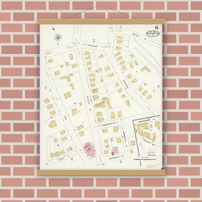 Old map wall art mockup — magnetic wood frame on brick wall — Sanborn Fire Insurance Map from Port Chester, Westchester County, New York (1908), Sheet #0006