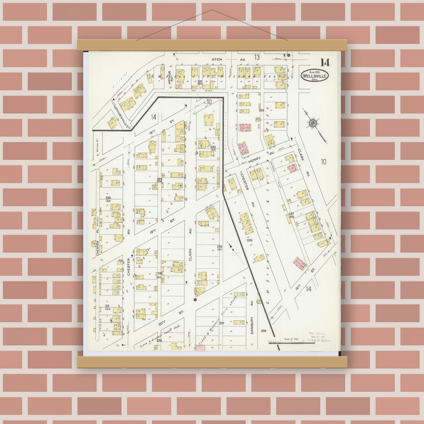 Old map wall art mockup — magnetic wood frame on brick wall — Sanborn Fire Insurance Map from Wellsville, Columbiana County, Ohio (1915), Sheet #0014