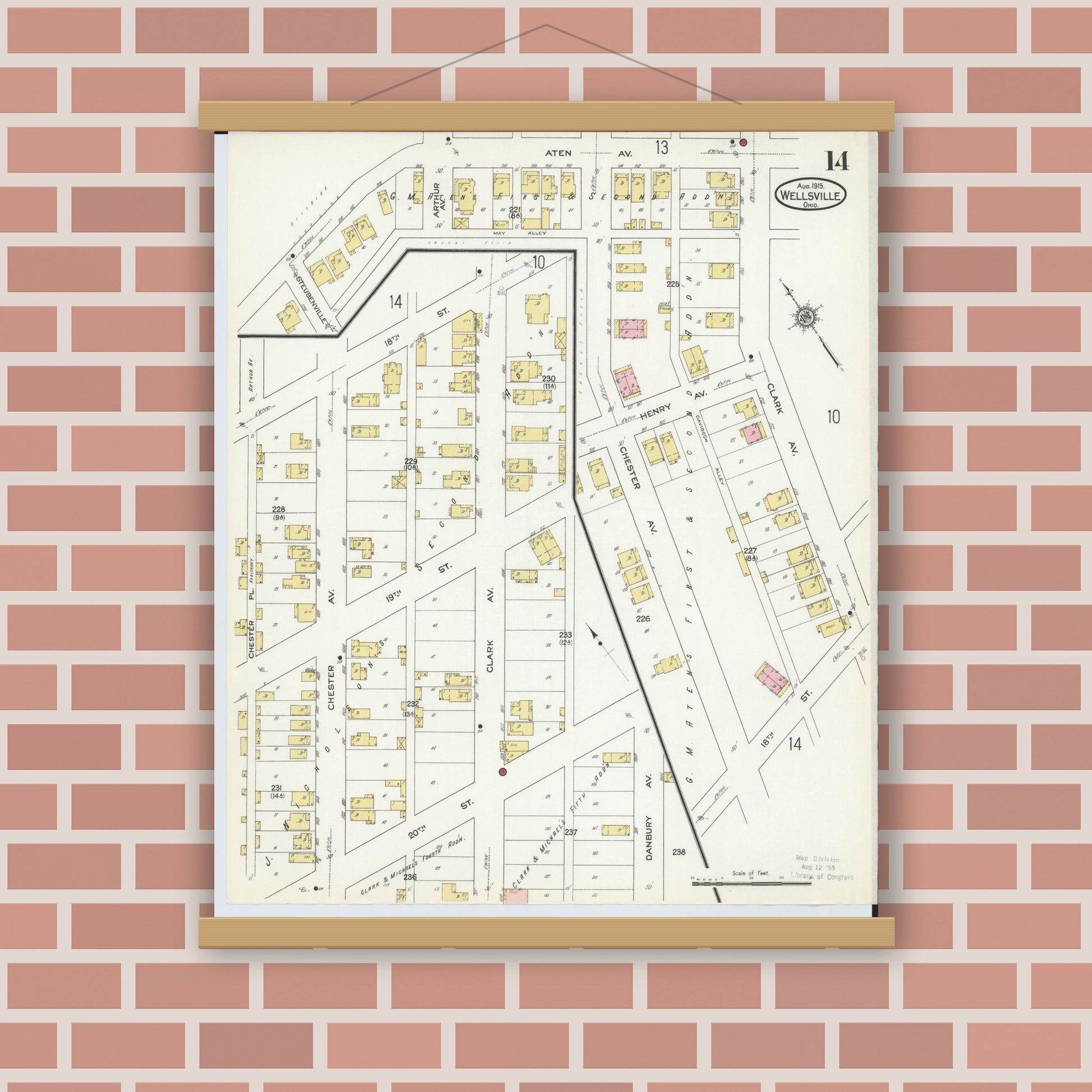 Old map wall art mockup — magnetic wood frame on brick wall — Sanborn Fire Insurance Map from Wellsville, Columbiana County, Ohio (1915), Sheet #0014