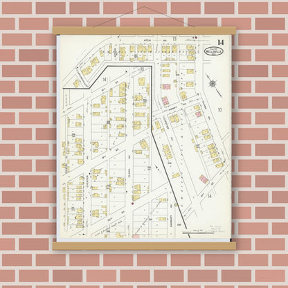 Old map wall art mockup — magnetic wood frame on brick wall — Sanborn Fire Insurance Map from Wellsville, Columbiana County, Ohio (1915), Sheet #0014