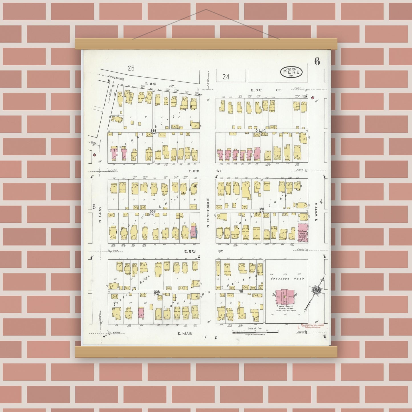 Old map wall art mockup — magnetic wood frame on brick wall — Sanborn Fire Insurance Map from Peru, Miami County, Indiana (1920), Sheet #0006
