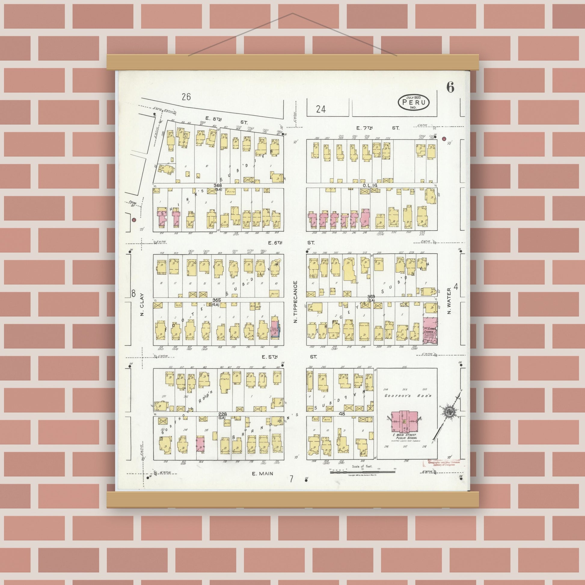 Old map wall art mockup — magnetic wood frame on brick wall — Sanborn Fire Insurance Map from Peru, Miami County, Indiana (1920), Sheet #0006
