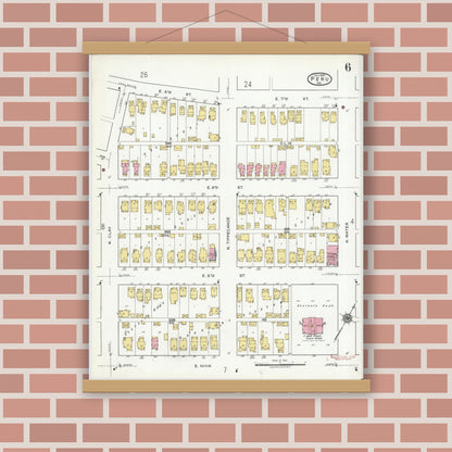 Old map wall art mockup — magnetic wood frame on brick wall — Sanborn Fire Insurance Map from Peru, Miami County, Indiana (1920), Sheet #0006