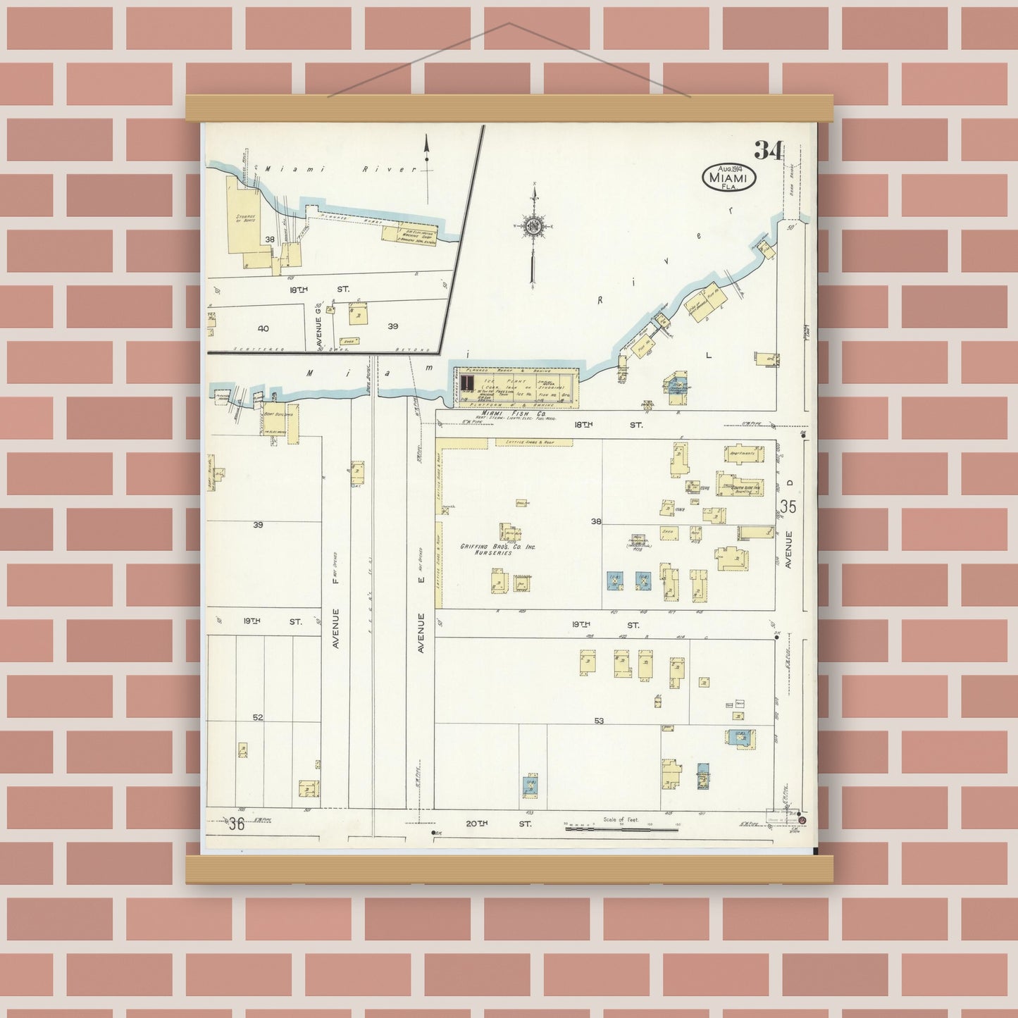 Old map wall art mockup — magnetic wood frame on brick wall — Sanborn Fire Insurance Map from Miami, Dade County, Florida (1914), Sheet #0034