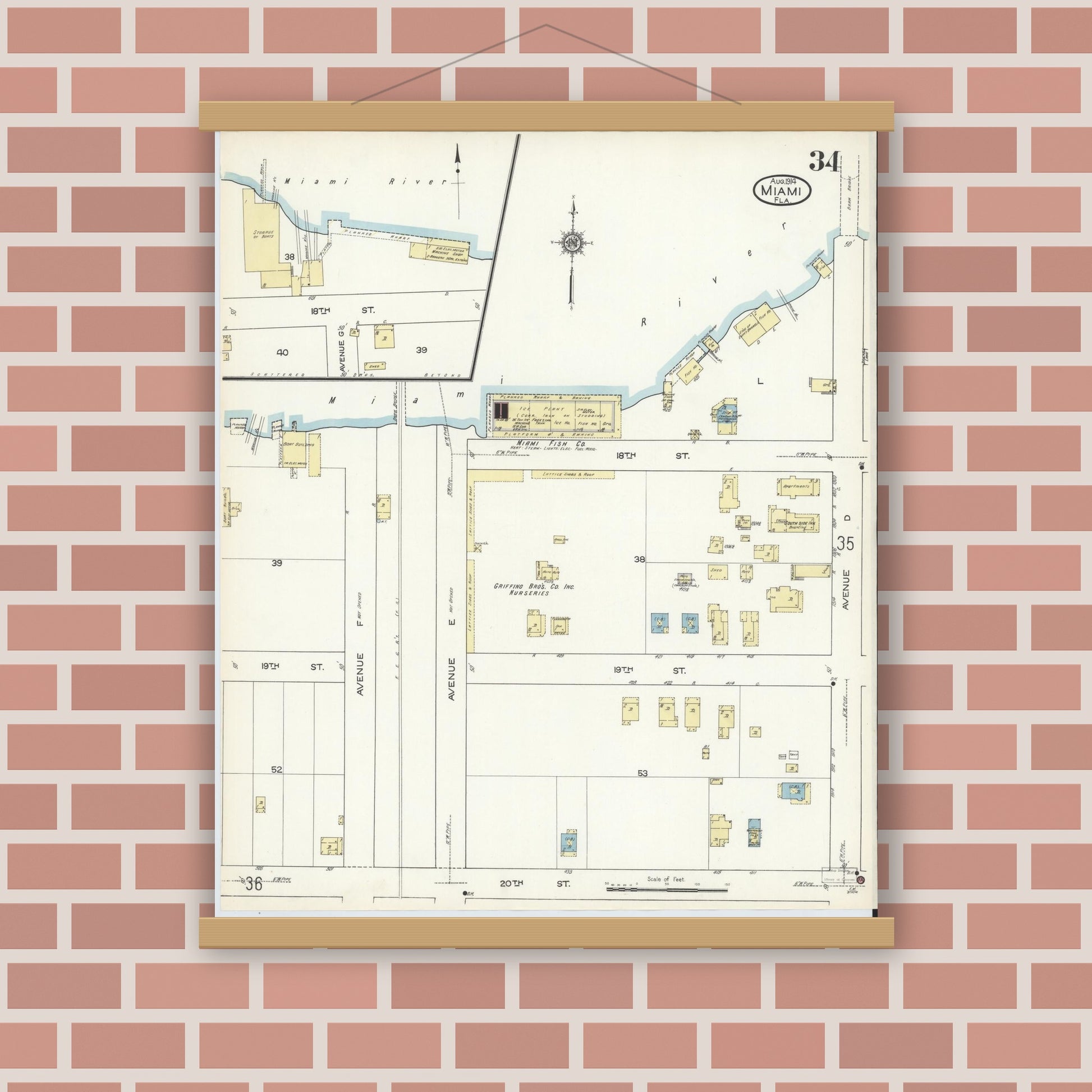 Old map wall art mockup — magnetic wood frame on brick wall — Sanborn Fire Insurance Map from Miami, Dade County, Florida (1914), Sheet #0034