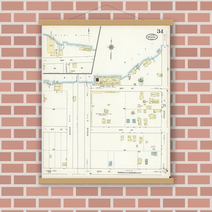 Old map wall art mockup — magnetic wood frame on brick wall — Sanborn Fire Insurance Map from Miami, Dade County, Florida (1914), Sheet #0034
