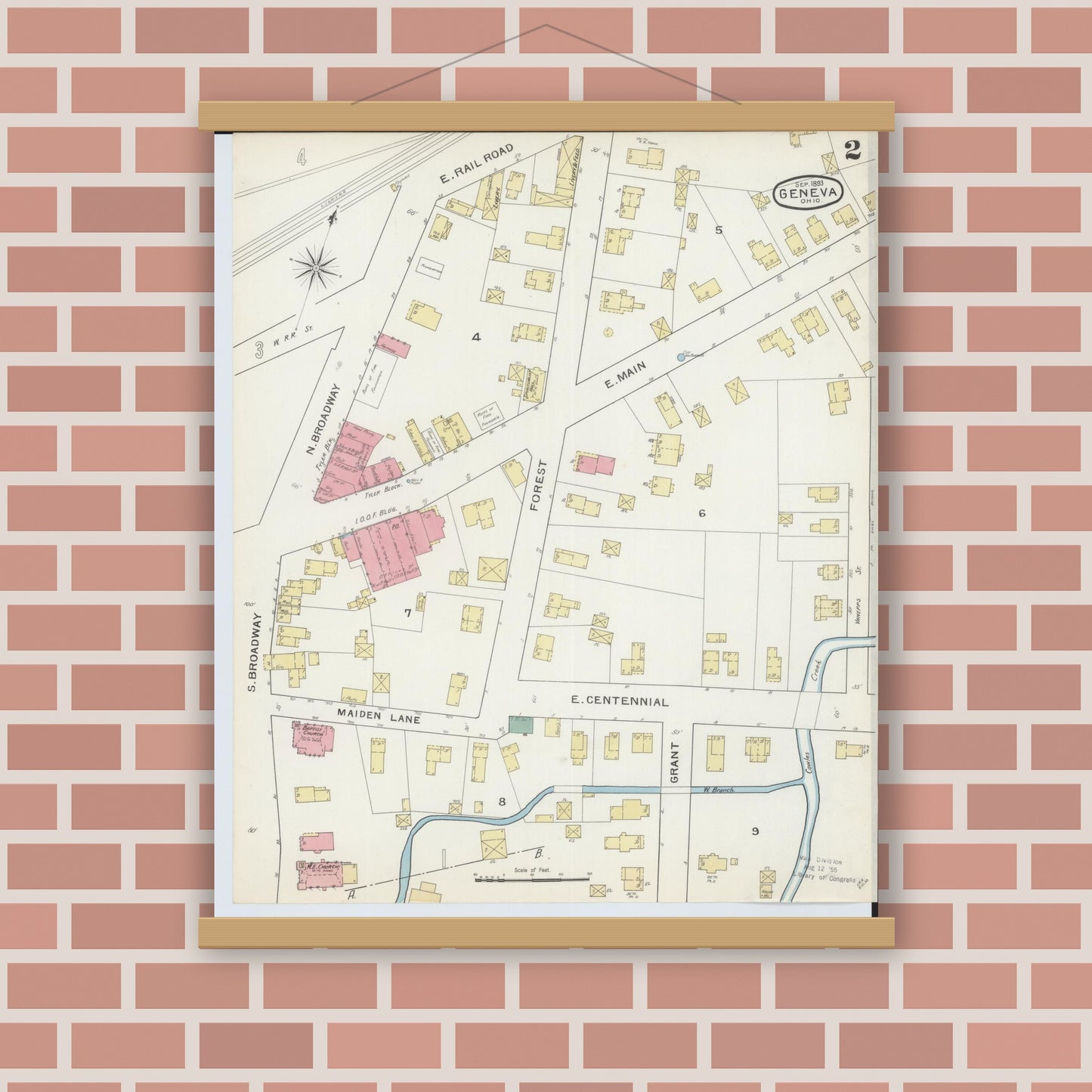 Old map wall art mockup — magnetic wood frame on brick wall — Sanborn Fire Insurance Map from Geneva, Ashtabula County, Ohio (1893), Sheet #0002