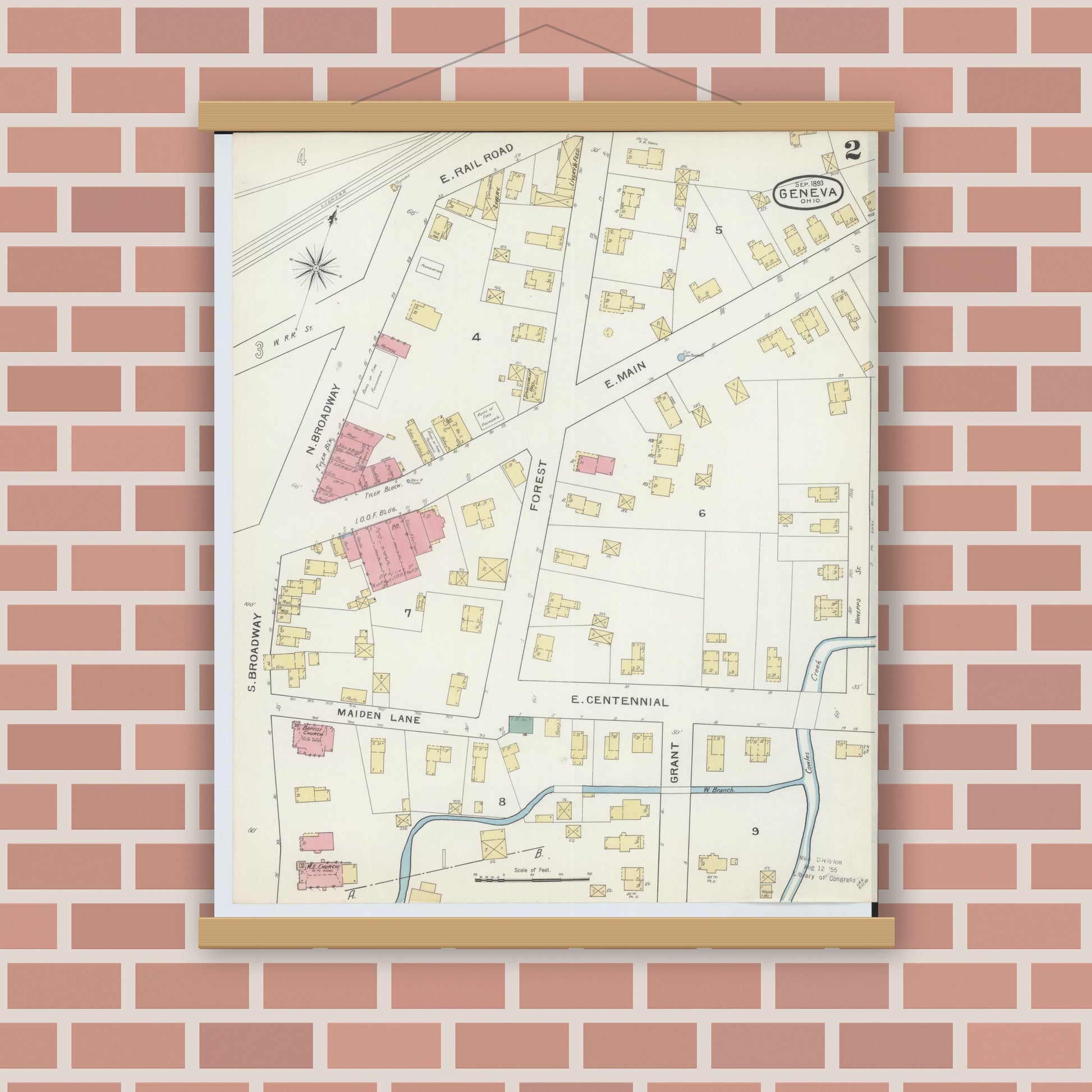 Old map wall art mockup — magnetic wood frame on brick wall — Sanborn Fire Insurance Map from Geneva, Ashtabula County, Ohio (1893), Sheet #0002