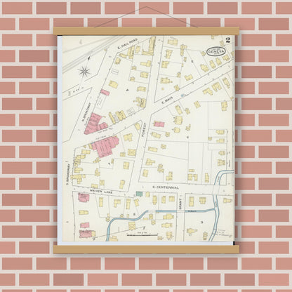 Old map wall art mockup — magnetic wood frame on brick wall — Sanborn Fire Insurance Map from Geneva, Ashtabula County, Ohio (1893), Sheet #0002