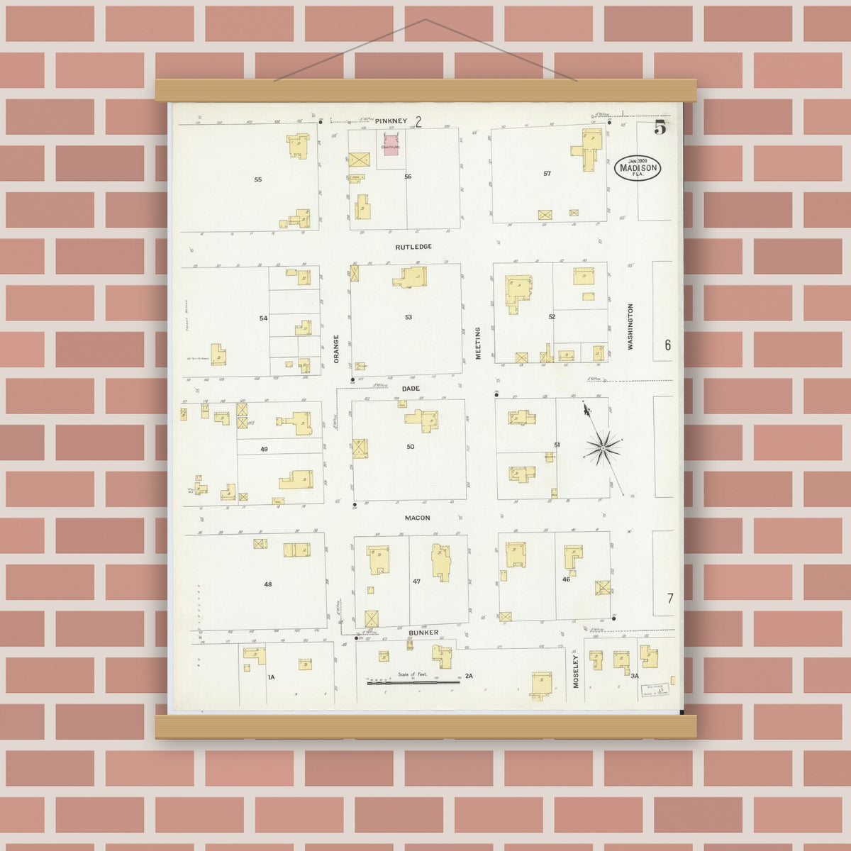 Old map wall art mockup — magnetic wood frame on brick wall — Sanborn Fire Insurance Map from Madison, Madison County, Florida (1909), Sheet #0005