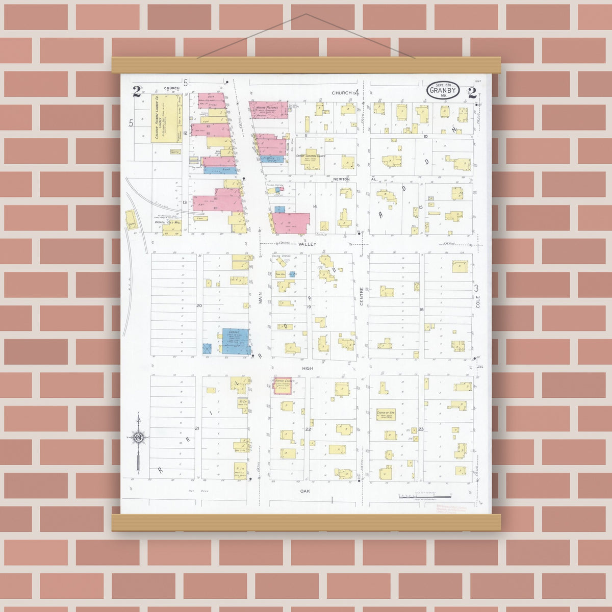 Old map wall art mockup — magnetic wood frame on brick wall — Sanborn Fire Insurance Map from Granby, Newton County, Missouri (1930), Sheet #0002