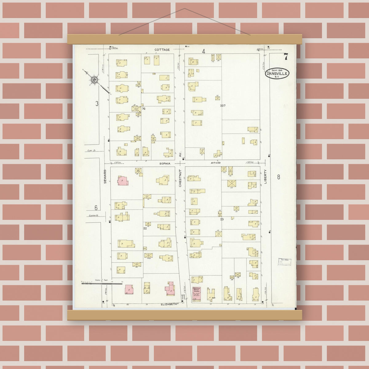 Old map wall art mockup — magnetic wood frame on brick wall — Sanborn Fire Insurance Map from Dansville, Livingston County, New York (1914), Sheet #0007