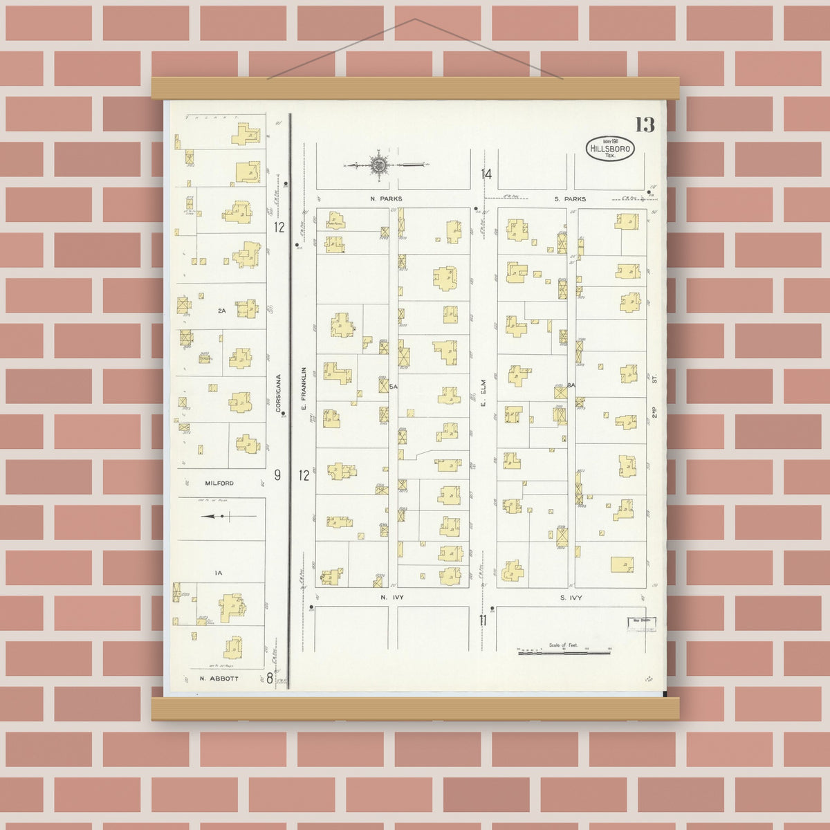 Old map wall art mockup — magnetic wood frame on brick wall — Sanborn Fire Insurance Map from Hillsboro, Hill County, Texas (1911), Sheet #0013