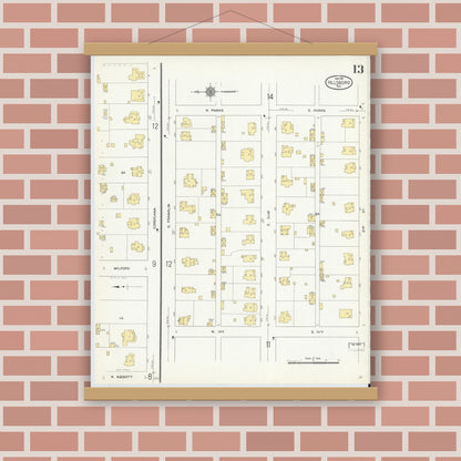 Old map wall art mockup — magnetic wood frame on brick wall — Sanborn Fire Insurance Map from Hillsboro, Hill County, Texas (1911), Sheet #0013