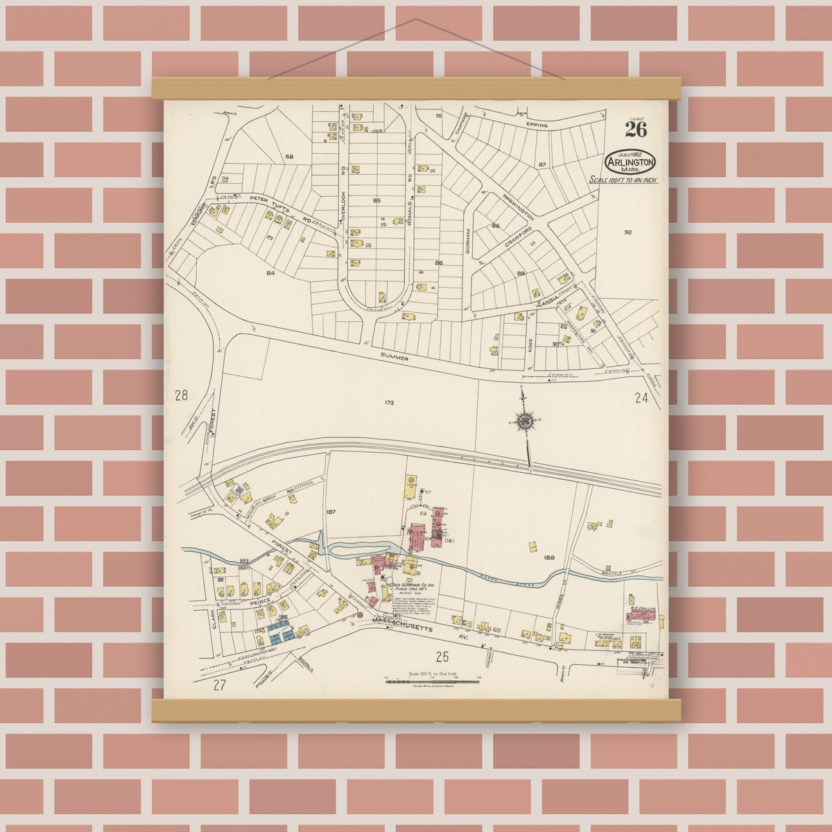 Old map wall art mockup — magnetic wood frame on brick wall — Sanborn Fire Insurance Map from Arlington, Middlesex County, Massachusetts (1922), Sheet #0026