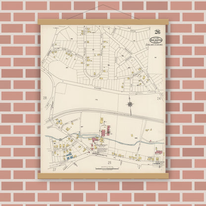 Old map wall art mockup — magnetic wood frame on brick wall — Sanborn Fire Insurance Map from Arlington, Middlesex County, Massachusetts (1922), Sheet #0026