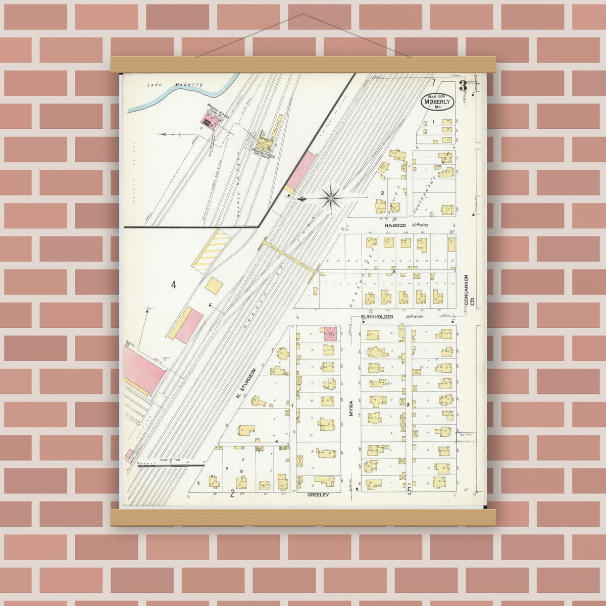 Old map wall art mockup — magnetic wood frame on brick wall — Sanborn Fire Insurance Map from Moberly, Randolph County, Missouri (1909), Sheet #0003