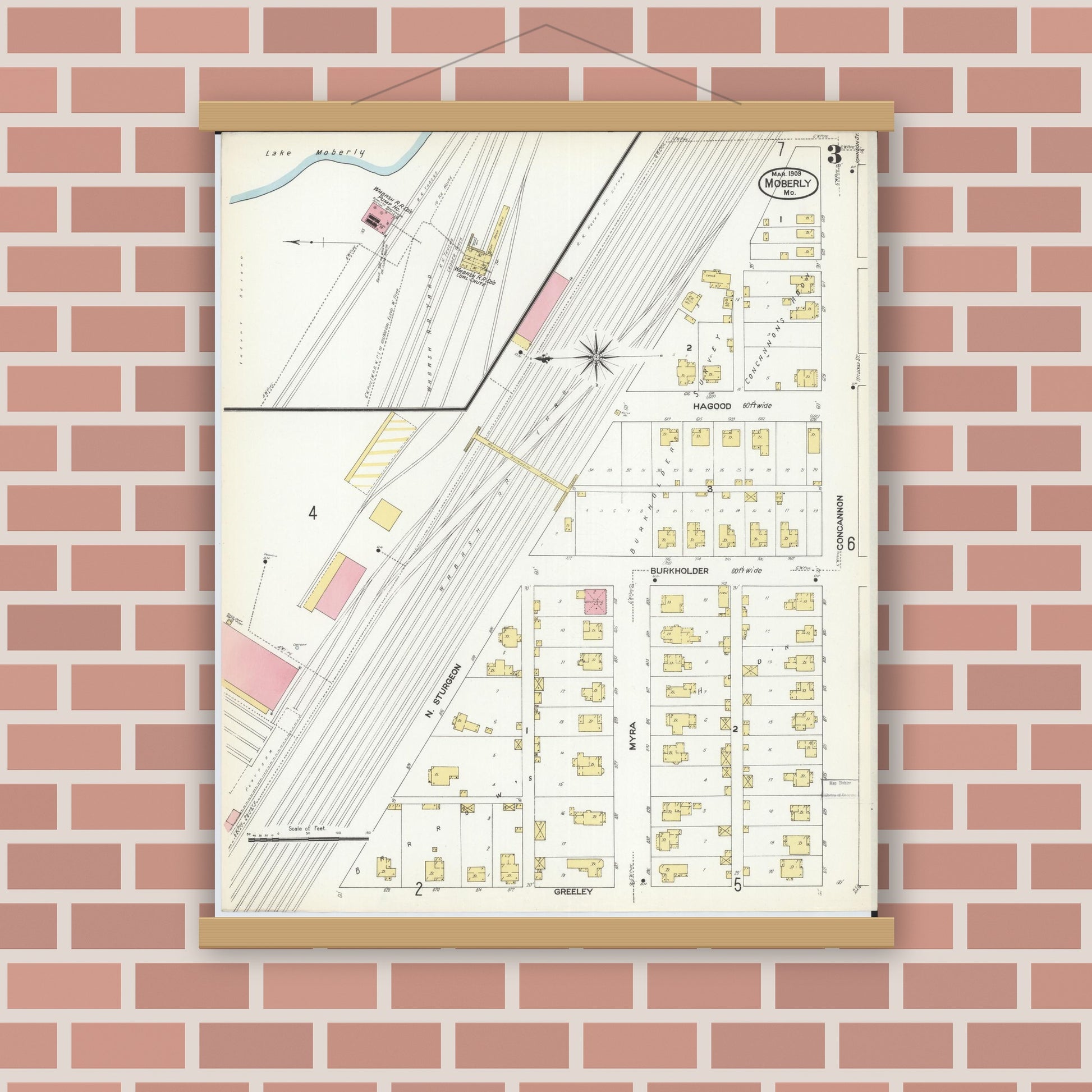 Old map wall art mockup — magnetic wood frame on brick wall — Sanborn Fire Insurance Map from Moberly, Randolph County, Missouri (1909), Sheet #0003