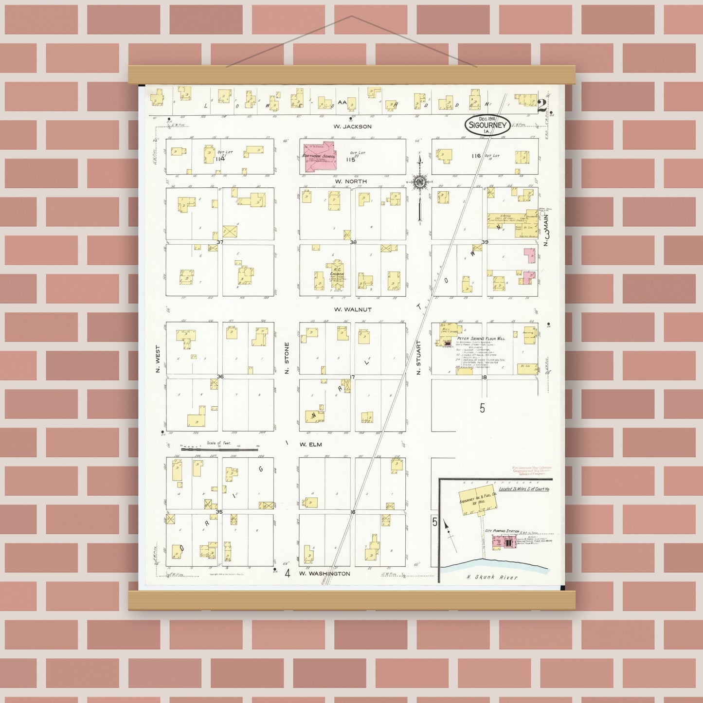 Old map wall art mockup — magnetic wood frame on brick wall — Sanborn Fire Insurance Map from Sigourney, Kiokuk County, Iowa (1916), Sheet #0002