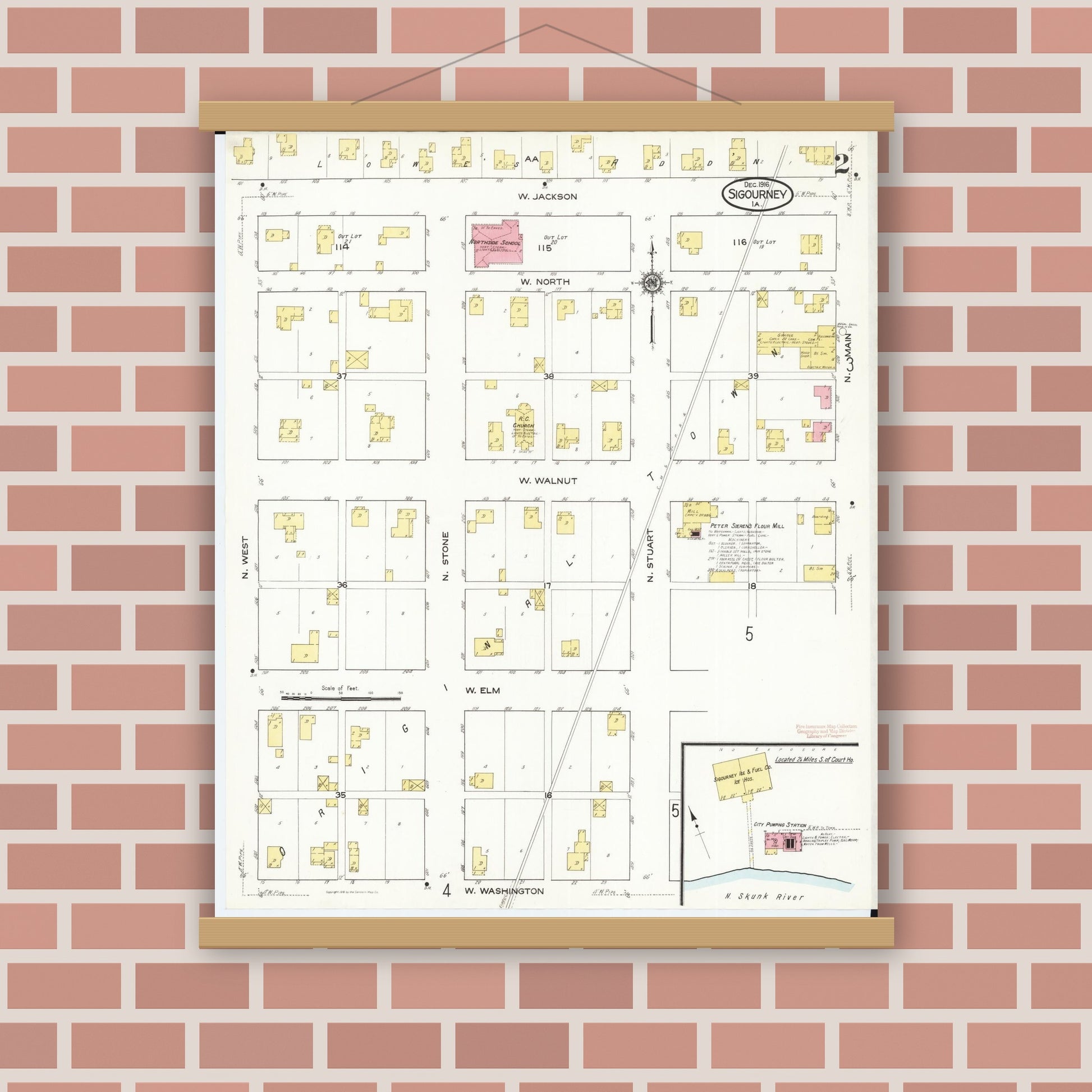 Old map wall art mockup — magnetic wood frame on brick wall — Sanborn Fire Insurance Map from Sigourney, Kiokuk County, Iowa (1916), Sheet #0002